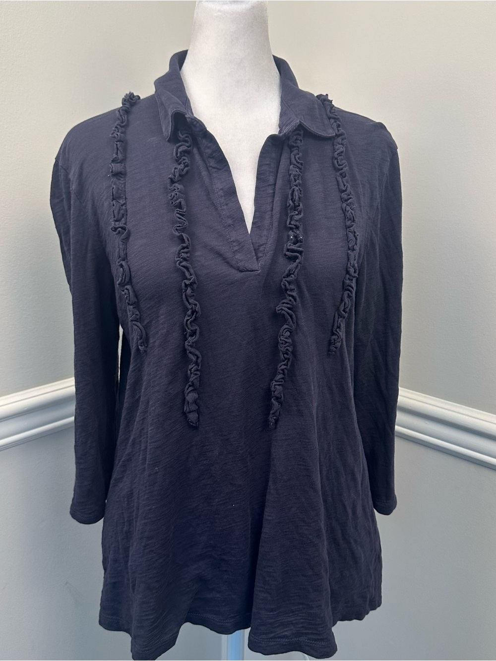 Goldie Navy Three Quarter Length Ruffle-Trim Polo Top